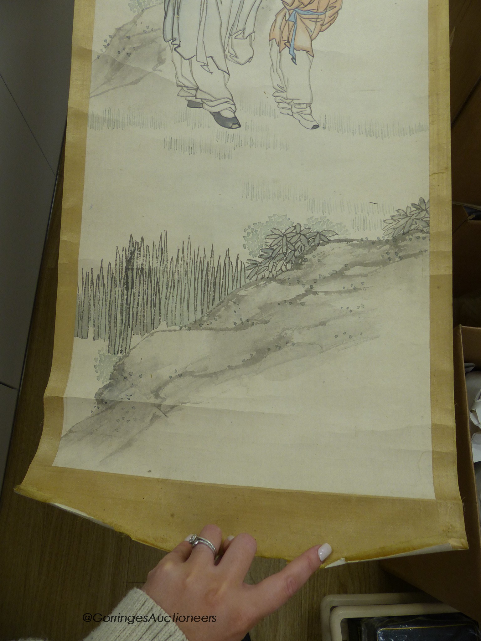 Two late 19th century Chinese scroll paintings, sage in a landscape and buildings in a landscape